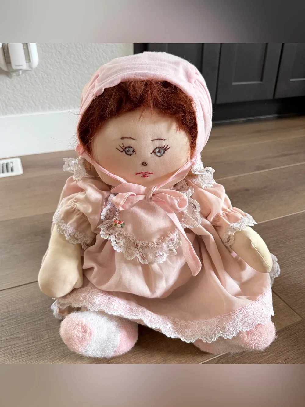 Vintage Handcrafted Soft Sculptured Old Doll Pink Dress Bonnet 21” Socks Daddy
